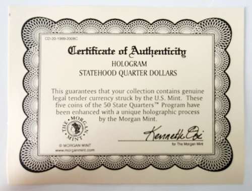 COA - HOLOGRAM STATEHOOD QUARTER DOLLARS BY MORGAN MINT - HIGHLY COLLECTIBLE - IN ORIGINAL BOX